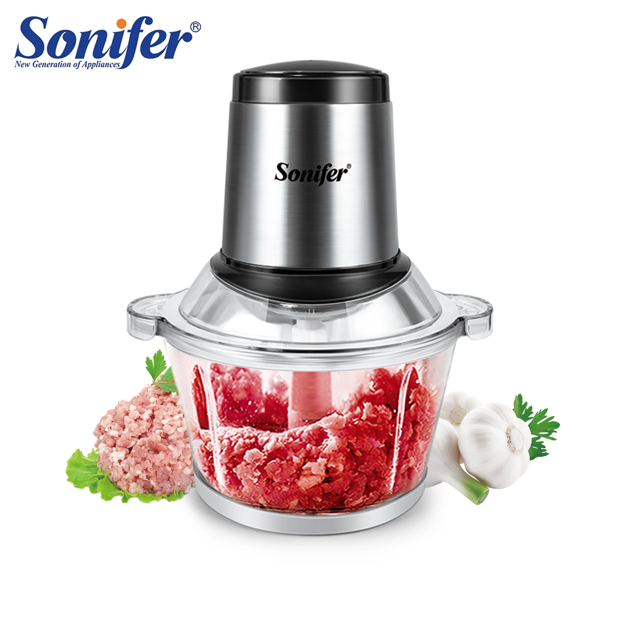 250W Home Stainless steel Electric Meat Grinder Sausage Stuffer Mincer  Thick glass cup body Household Mincer Sonifer