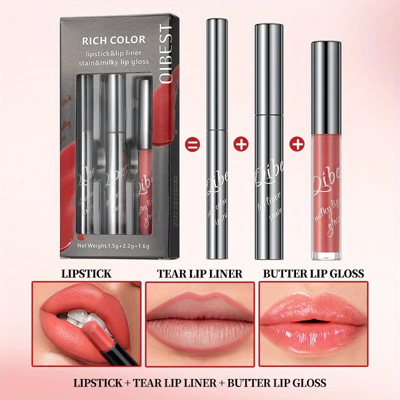 3-pack set Casual lipmake-up Verscheidenheid lipmake-up Casual bijpassende lippenstift en traanliplijn en boterlipgloss