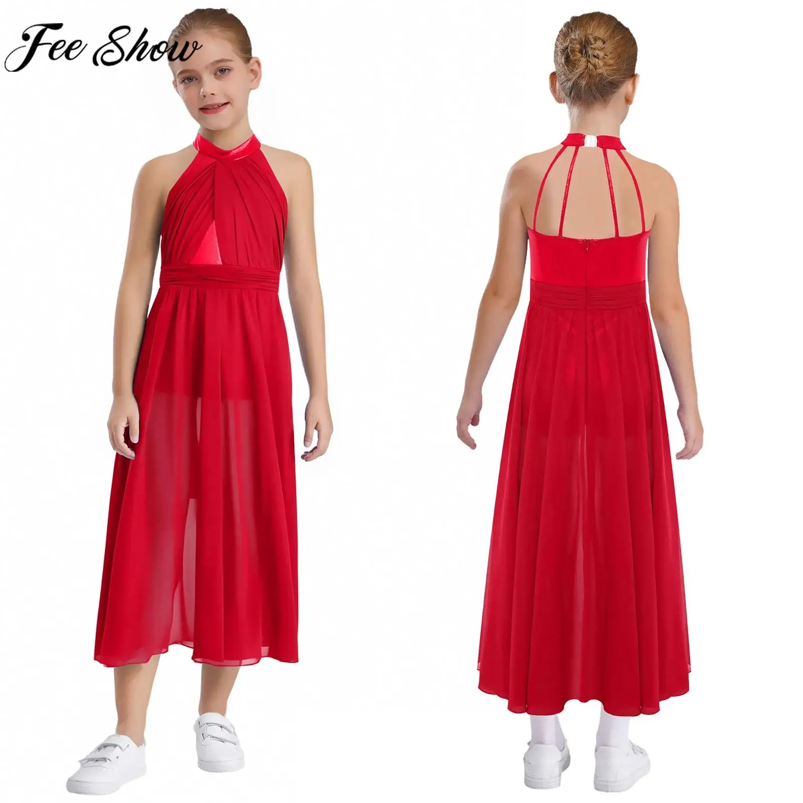 6-16Y الفتيات بلا أكمام فستان رقص غنائي الحديثة الشكل التزلج الجمباز البهلوانية بقماش شفاف يوتار فساتين Dancewear #1