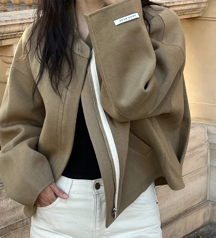 2 ألوان معطف صوفي المرأة 2026 الخريف الشتاء الكورية سترات فضفاضة الإناث موضة سستة ملابس خارجية دافئة معاطف (Ge7780