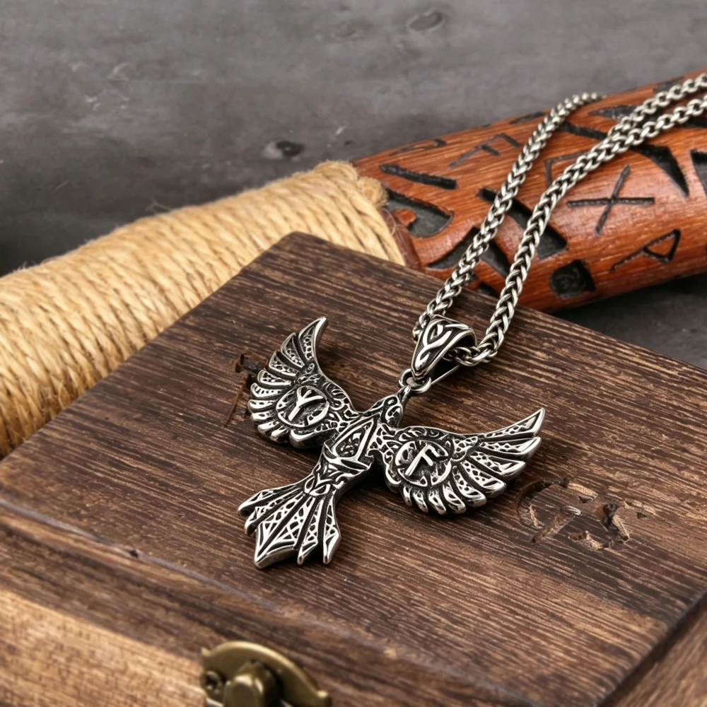 Stainless Steel Viking Raven Pendant Necklace,Nordic Mythology Gothic Crow Necklace for Men Women,Punk Style Odin Jewelry Gift