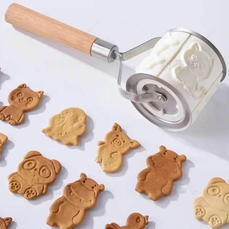 Cartoon Biscuit Mold Set Hand Press Cookie  Stainless Steel Cookie Cutter Decorative DIY Rolling Pin Baking Crafts