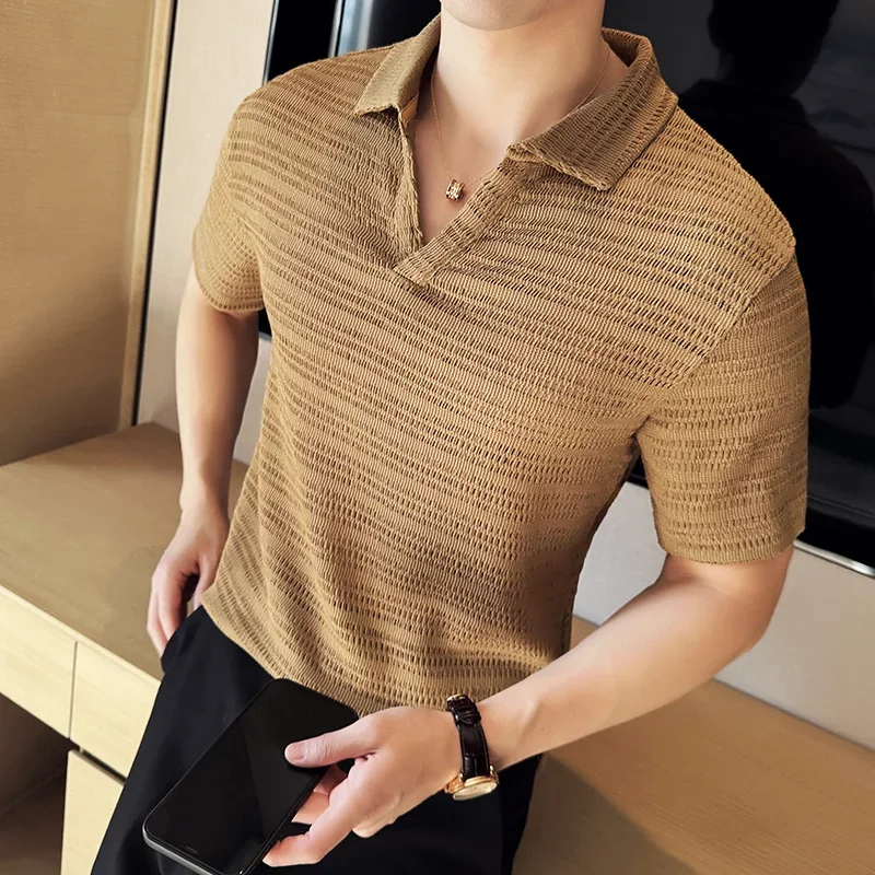 Men\'s Knitted V-neck Polo Shirt 2024 Summer New Breathable Hollow Out Solid Color Casual Short Sleeved T-shirt Men\'s Clothing