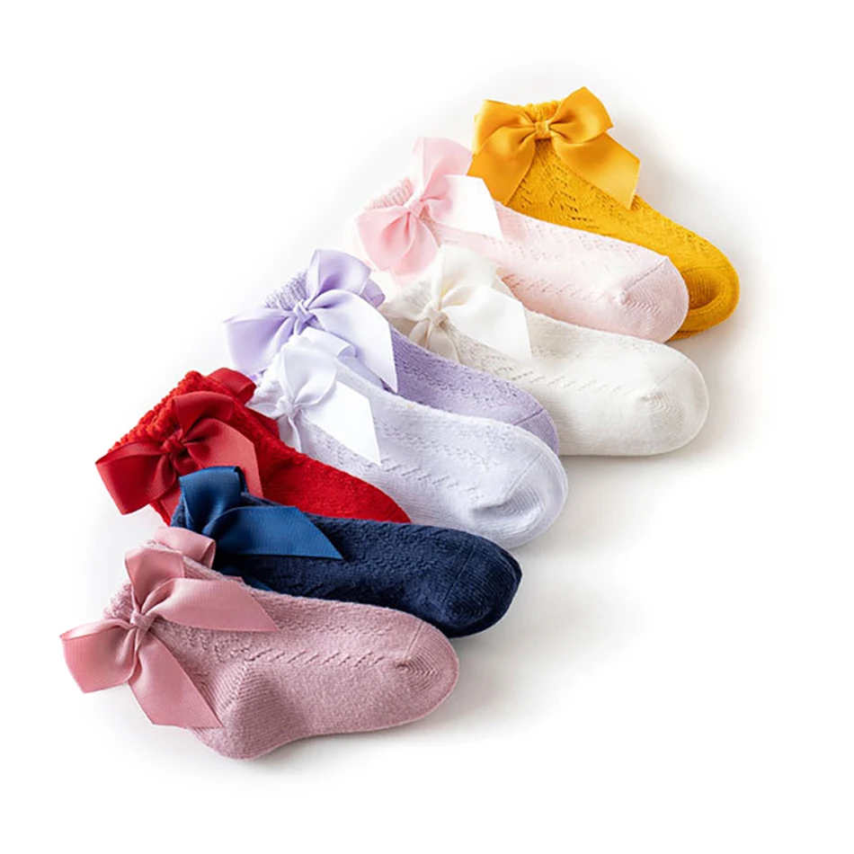 Girl Spring/Summer Solid Color Leaky Bow Princess Socks Children's Home Leisure Comfortable and Breathable Short Socks New