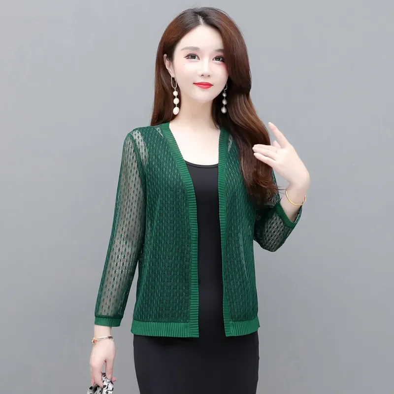Cárdigan de punto de ganchillo corto para mujer, talla grande, con encaje y malla, protección solar de verano, estilo chal abierto por delante