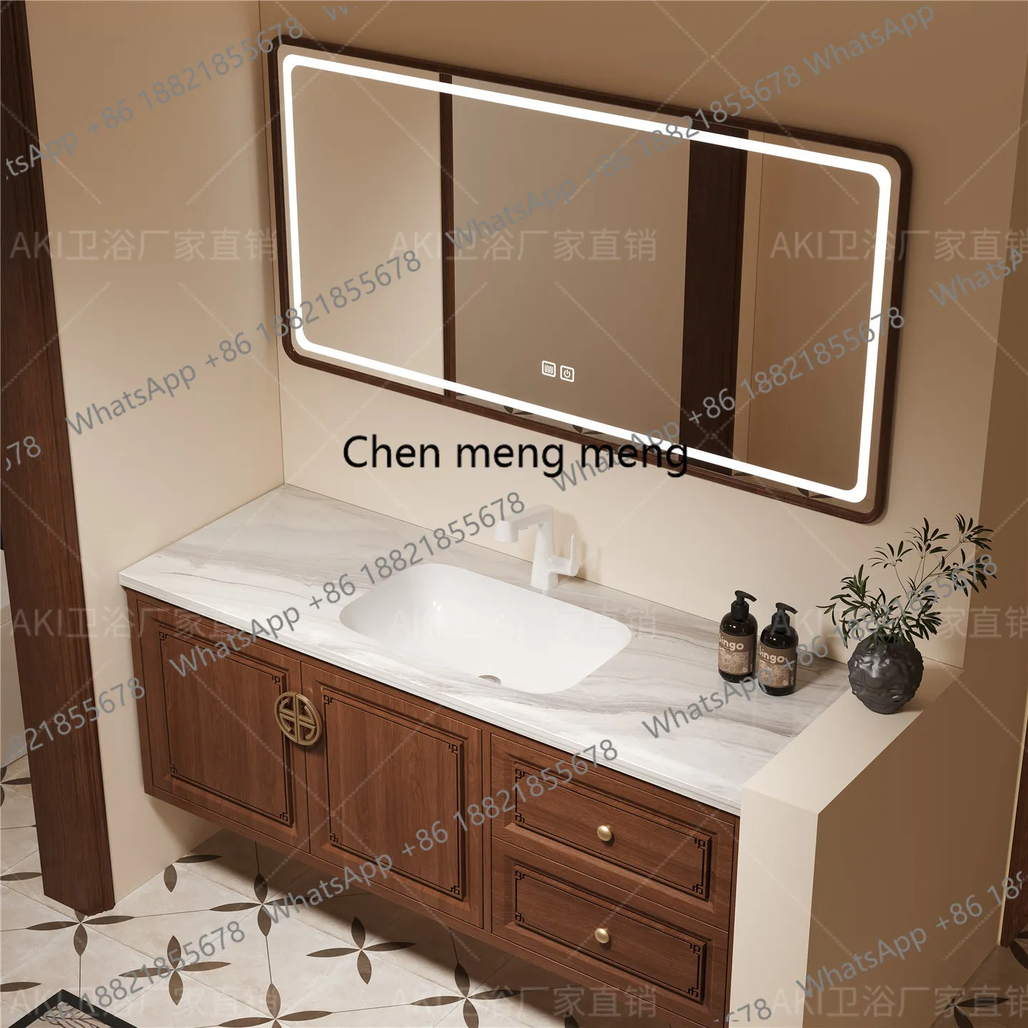 New Chinese light luxury, bathroom cabinet combination, bathroom luxury stone seamless washbasin