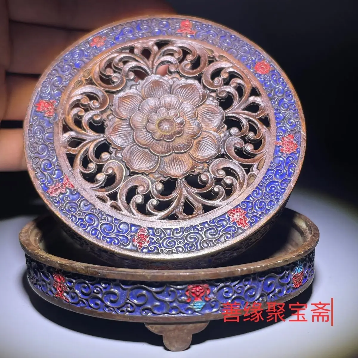 Blue three-legged lotus Incense Burner Statue for Tea Home Decor Ornaments