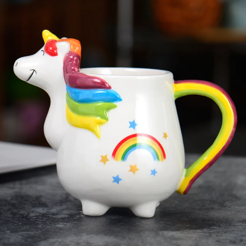 Rainbow Horse 3D Unicorn Ceramic Mug, 400ml Cartoon Coffee Mugs, Creative Breakfast Milk Cups, Couple Kawaii Cup Christmas Gift