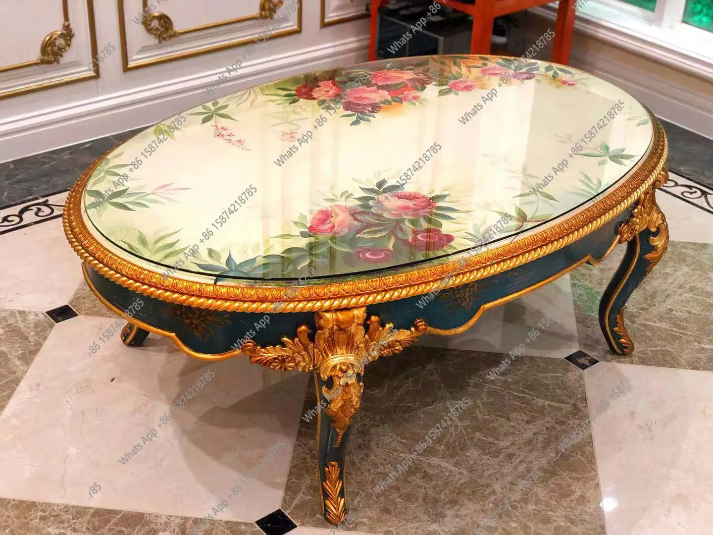 

Exquisite royal wind solid wood carving flower luxury hand painted blue gold French villa living room coffee table