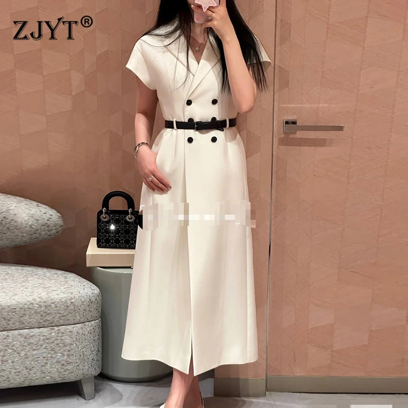 

ZJYT Short Sleeve White Midi Linen Dress for Women Summer Runway Fashion Double Breasted Belted Dresses Party Vacation Vestidos