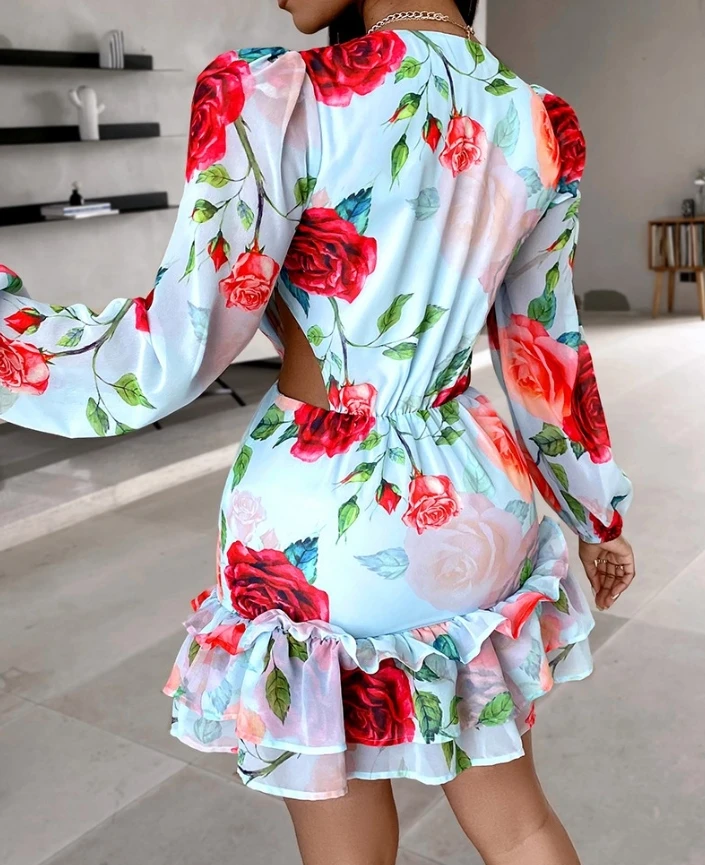 Women's Dress 2024 Sexy Long Sleeved Deep V-Neck Hollow Mini Dress Floral Print Ruffles Layered Dress A Line Casual Sexy Dress