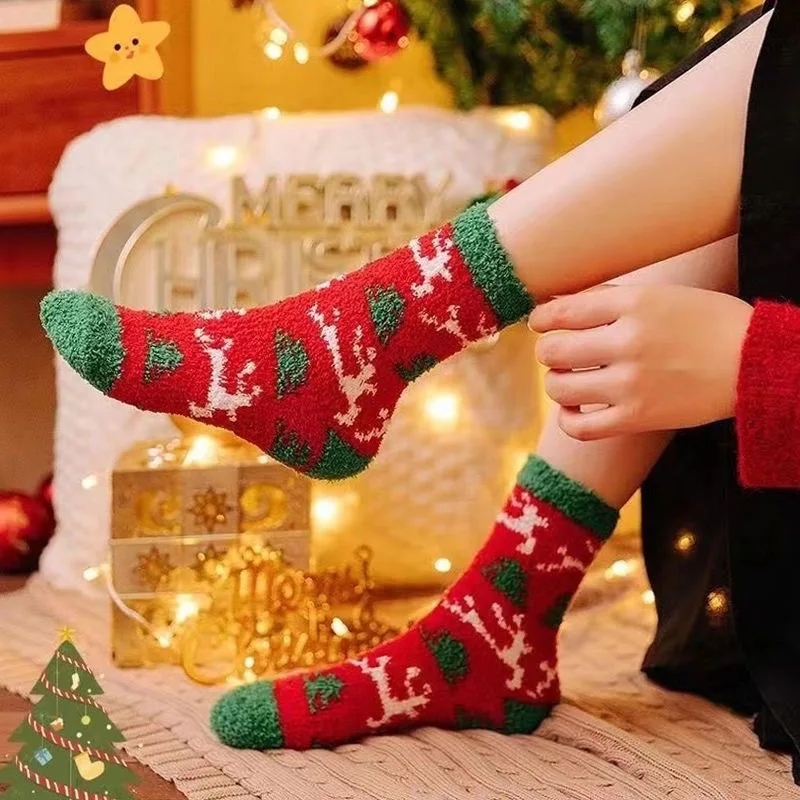 New Christmas Socks Coral Fleece Winter Plush Thickened Warm Confinement Floor Socks Men and Women Couple Socks Sleep Socks Gift