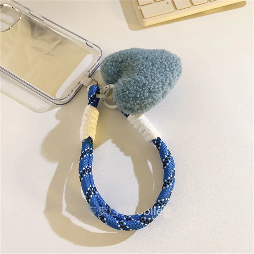 Plush Love Heart Lanyard Keychains Key Chain Rings Phone Strap Mesh Landyard Bags Braided Strips Keycord Hanging Accessories