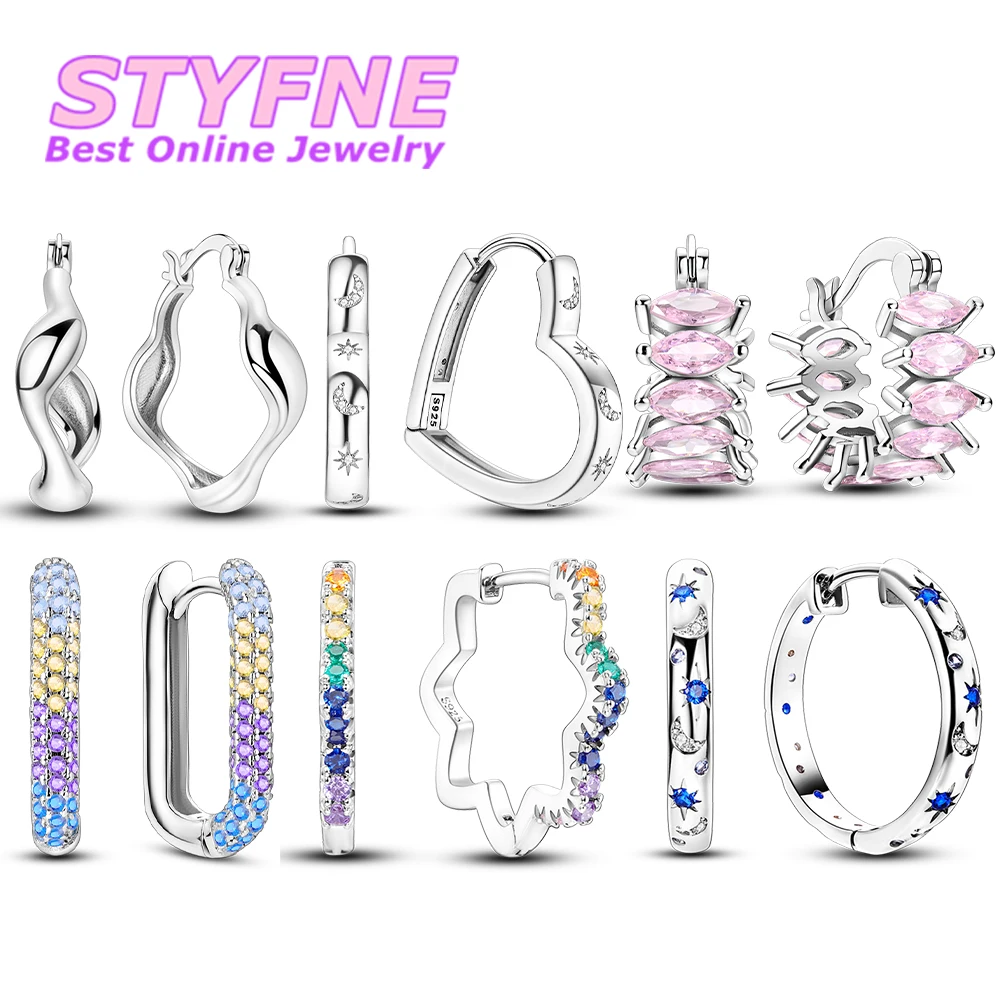 

925 Sterling Silver Geometric Lines Heart Stripes Flowers Stars Hoop Earrings for Women Fashion Earrings Jewelry Gifts for Girls