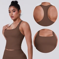 Yoga Vest Seamless Running Top Tank Top Short Sleeve I-shape Backless Gym Workout Top Solid Color Nylon Fitness Top