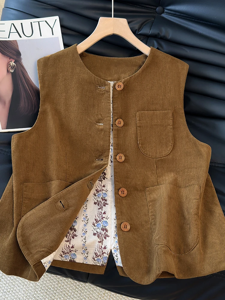Classic Single-Button Sleeveless Vintage Corduroy Vest Jacket Autumn New Style Fashionable Versatile Women's Outerwear