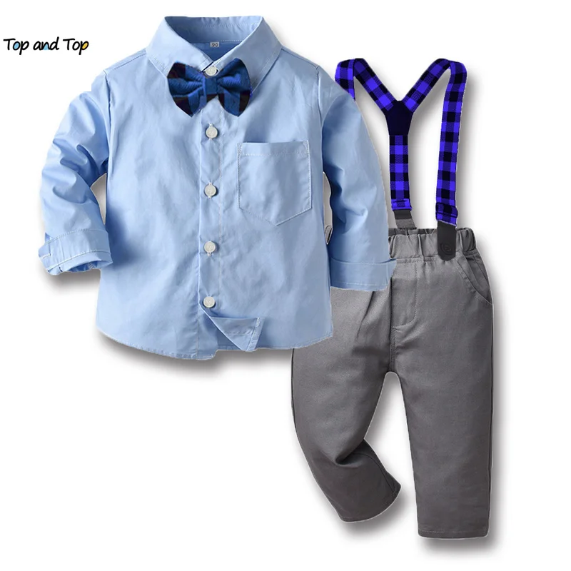 

top and top New Children Boys Gentleman Clothing Sets Long Sleeve Casual Shirt with Bowtie+Suspenders Pants Kids Formal Suits