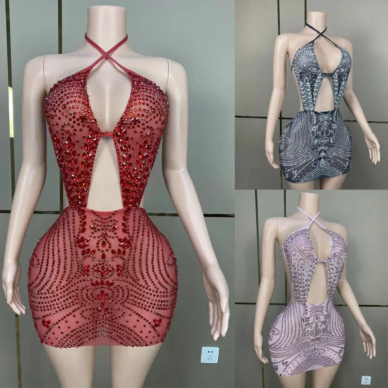 Full Shiny Rhinestones Cutout Mini Party Dresses Women Singer Celebrate Dress Costumes Festival Outfit Stage Performance Wear