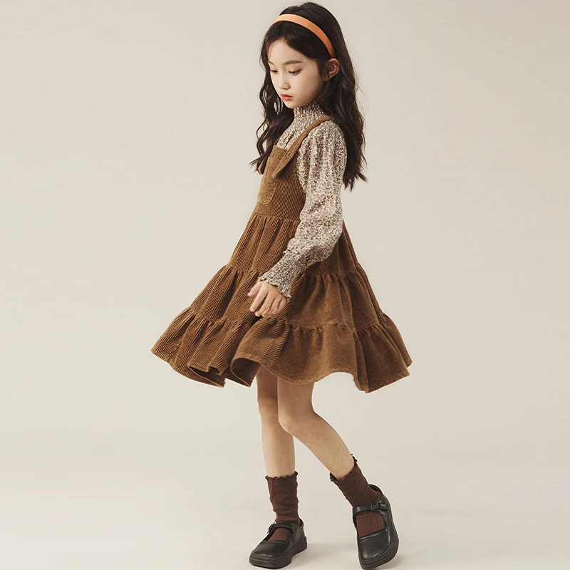 Vintage Girls Ruffled Corduroy Dress Spring And Autumn New Children Korean Sleeveless Suspenders Dress Match Printed Shirts