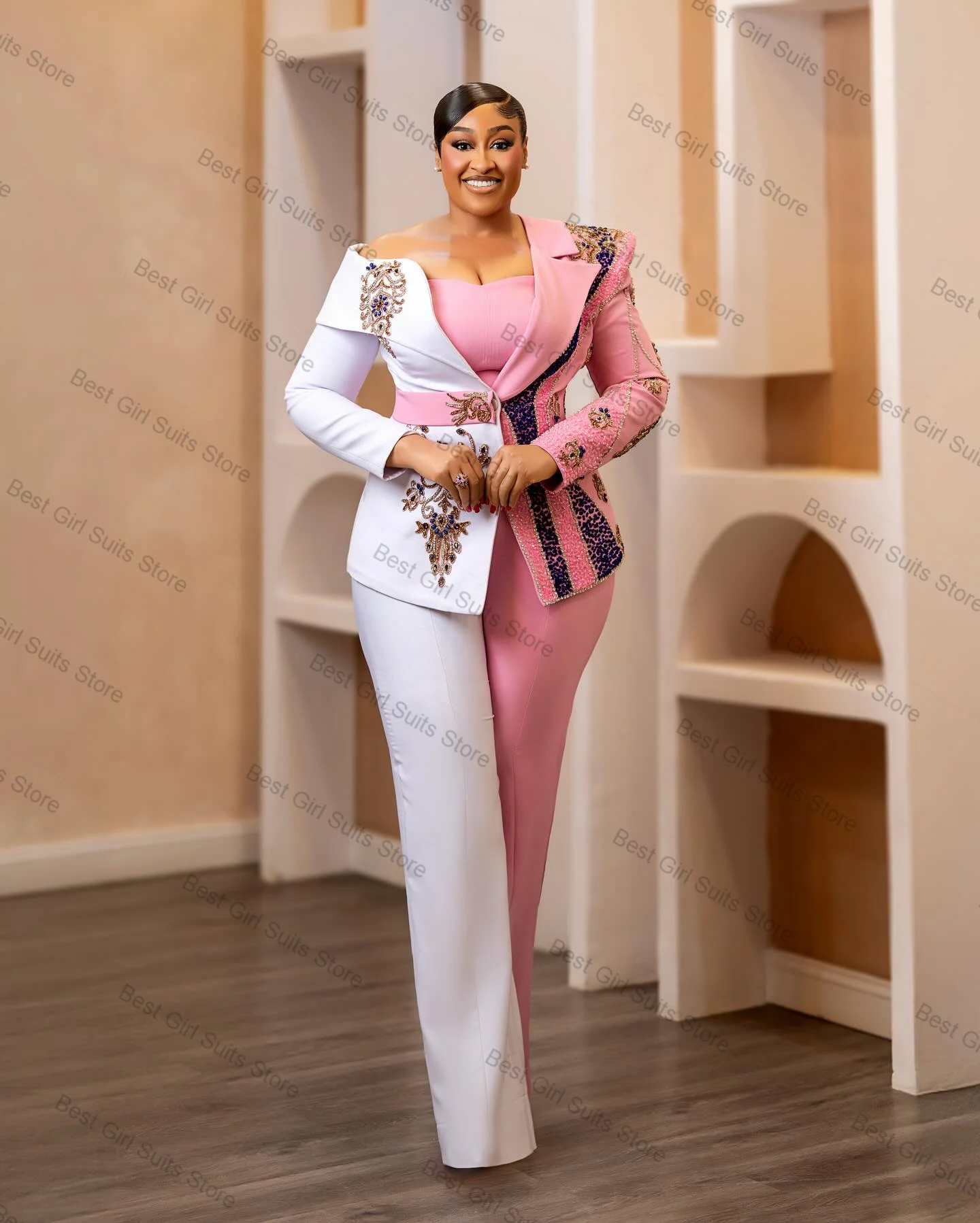 

Pink White Women Suit Set 2 Pcs Blazer+Pants Beaded Crystals Formal Office Lady Jacket Customized Wedding Tuxedos Prom Coat