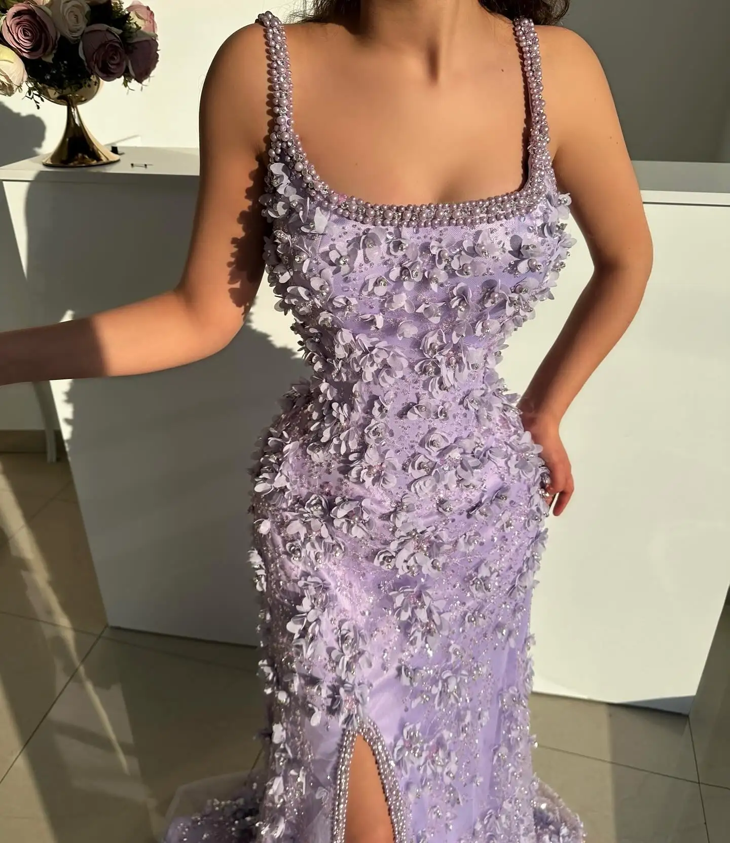 SWEMILE Lila Blumen Abendkleider Perle Perlen Straps Quadrat Kragen Blume Pailletten Hohe Schlitz Prom Kleid Angepasst Vestidos