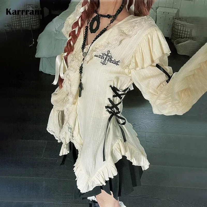 

Karrram Y2k Aesthetics Lace Shirt Grunge Gothic Irregular Blouses Fairy Harajuku Bandage Shirt Vintage Lolita Clothes Mall Goth