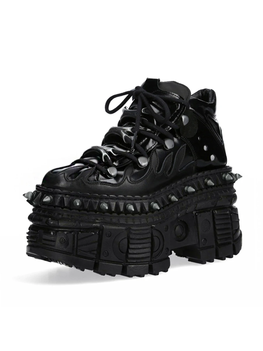 

New 2025 Punk Style Men's and Women's Platform Shoes Dark Flame Metal Design Fashion Lace-up Motorcycle Driving Shoes Metal