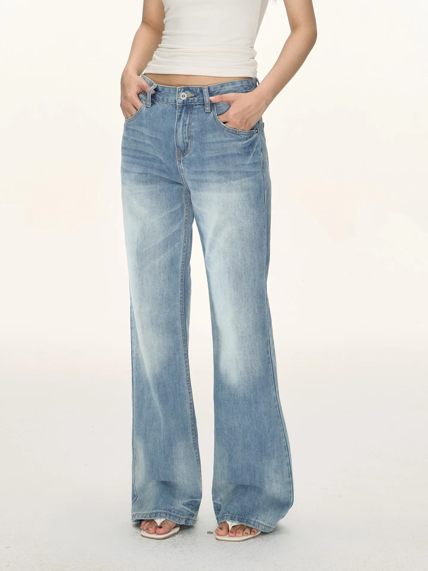 

Nova B Retro mid Low Waist Flared Jeans Classic Wash Comfortable Wide Leg Straight Cut Denim Long Trousers Ladies Fashion