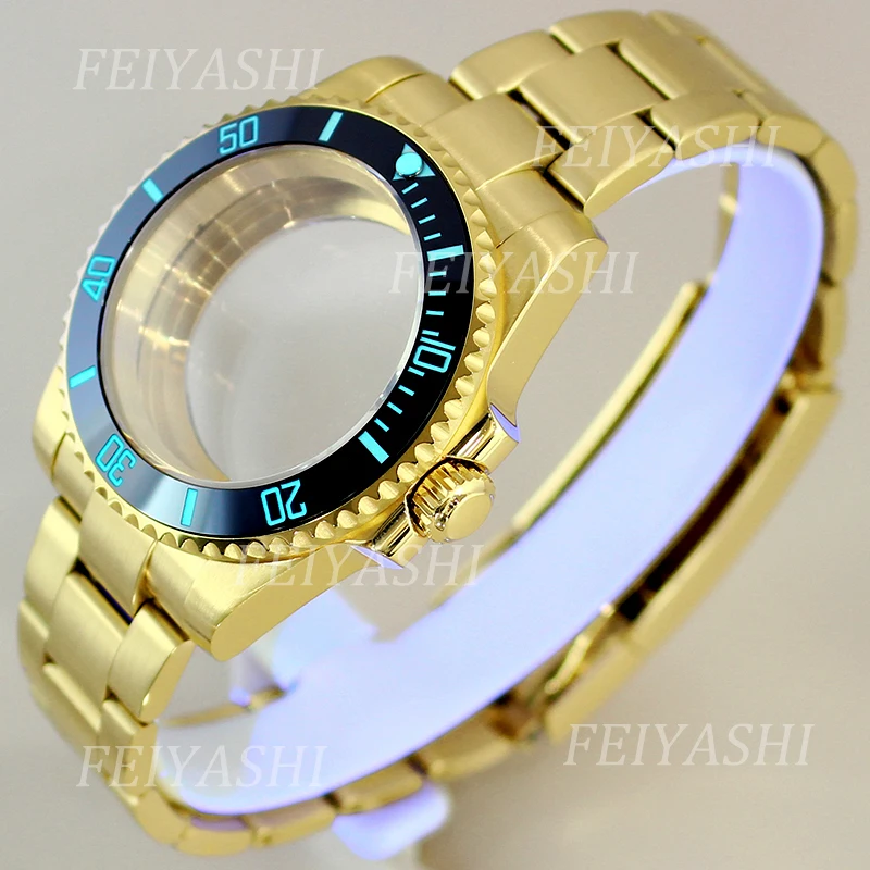 Gold 40mm Watch Case Sapphire Crystal Glass Luminous Bezel For Seiko NH35 NH34 NH36/38 Miyota 8215 ETA 2824 Movement 28.5mm Dial