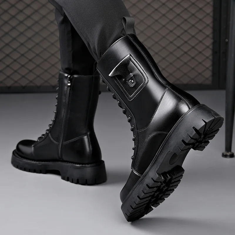 men's fashion high motorcycle boots autumn winter shoes lace-up genuine leather platform boot brand designer long knight botas image 4