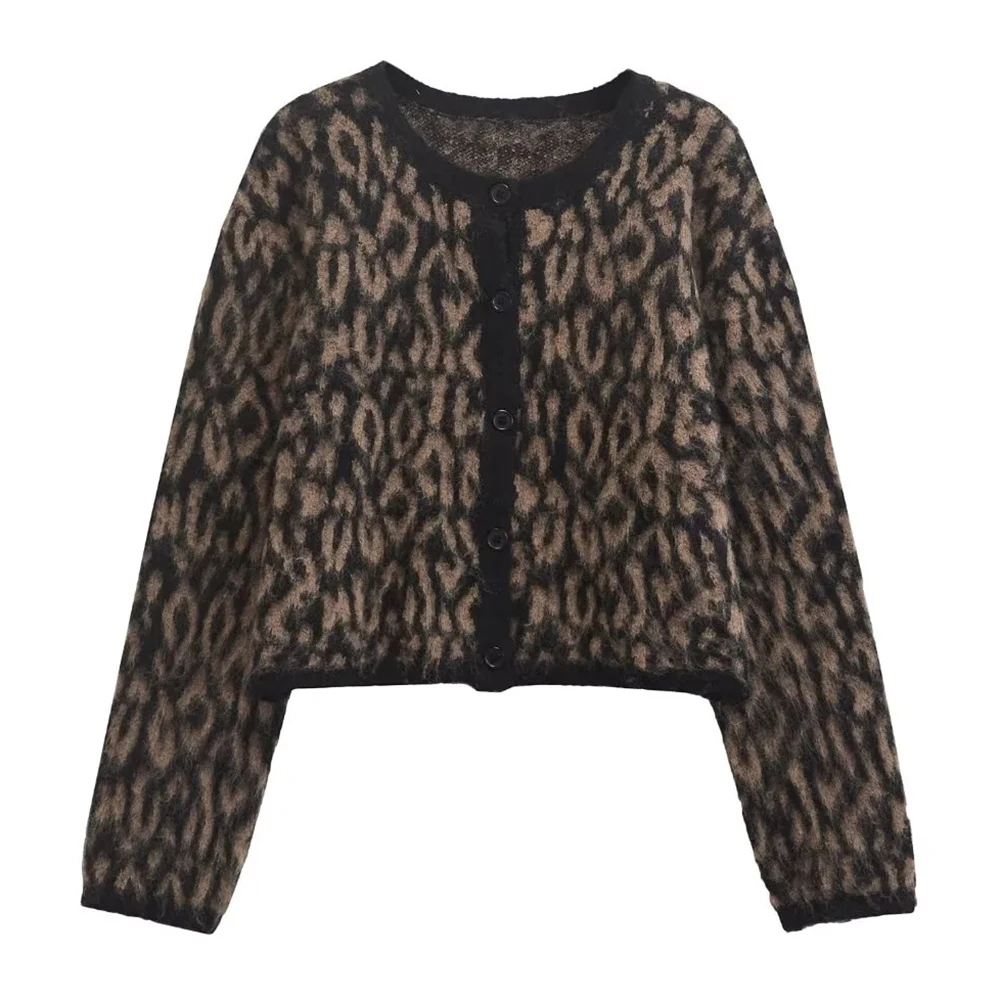 

Leopard Print Cardigan Sweater Loose Slimming Fashionable And Versatile Women's Open Front Knitwear European American Style