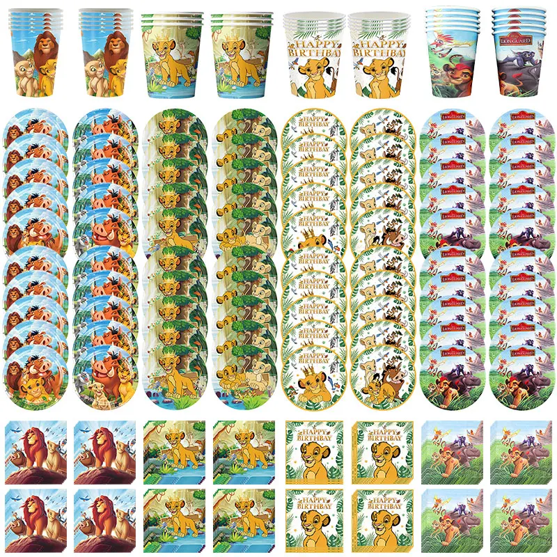 Décoration d'anniversaire le roi Lion pour garçons et enfants, ensemble de joyeux anniversaire Simba, assiettes, tasse, serviette, nappe, fond, Kit de cadeaux de fête