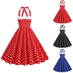 Elegant Women Pink Polka Dot Dress Summer Hepburn 1950s 60s Vintage Dress A-Line Halter Rockabilly Retro Party Dresses Vestidos