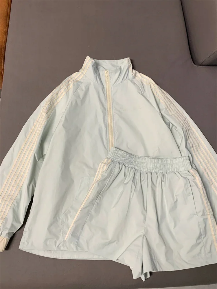 

Повседневный спортивный костюм для мужчин и женщин, весенне-осенний дизайн, цветные полосы, одежда для защиты от солнца, комплект из двух предметов