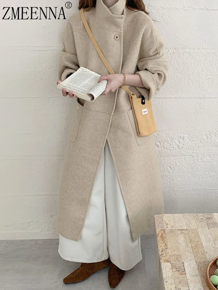 

ZMEENNA стильное женское однобортное длинное пальто из смесовой шерсти с воротником-стойкой и карманами, теплая зимняя верхняя одежда на каждый день ZM3490