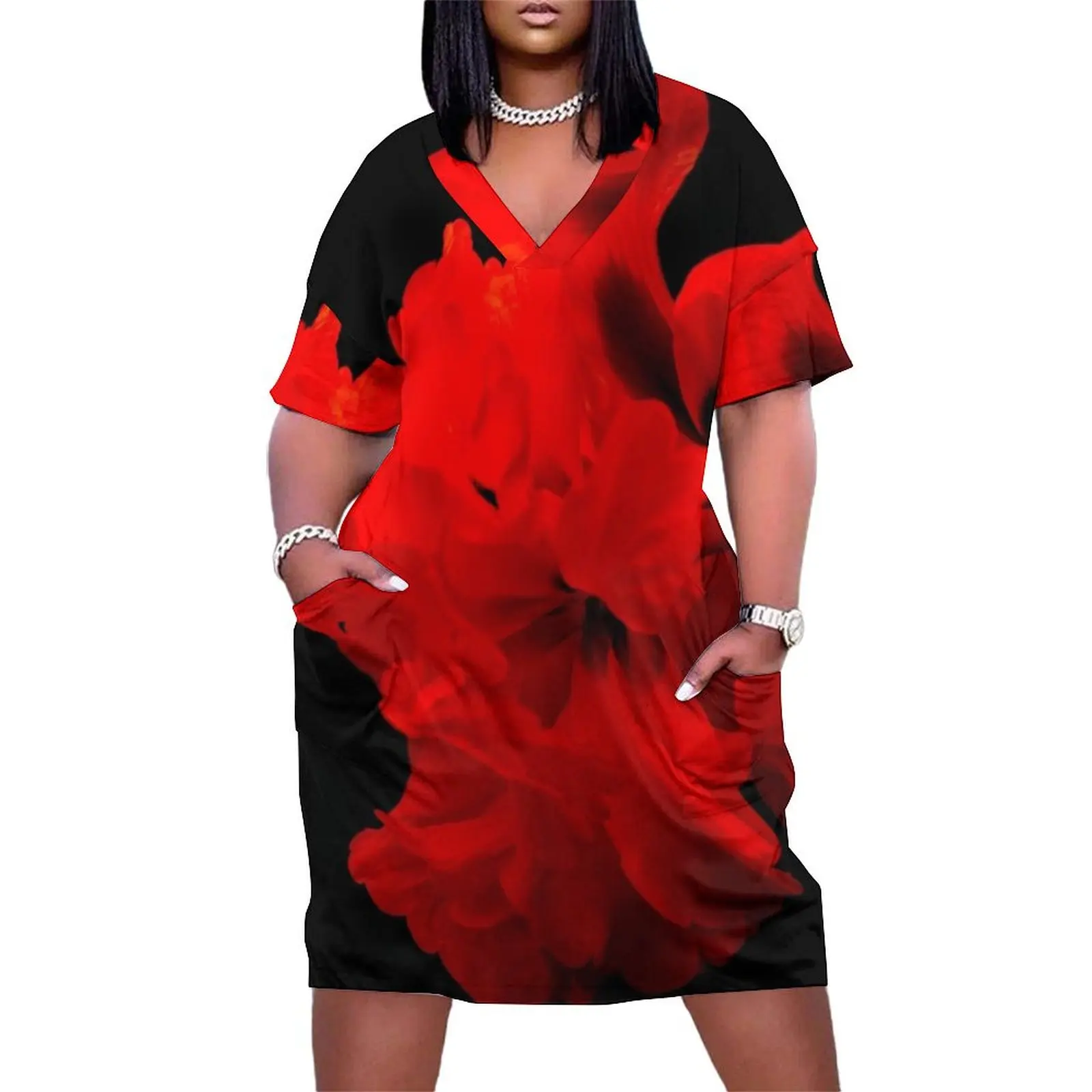 

Spanish Passion Red and Black Flower Loose Pocket Dress summer women's suit Elegant gown chic and elegant woman dress