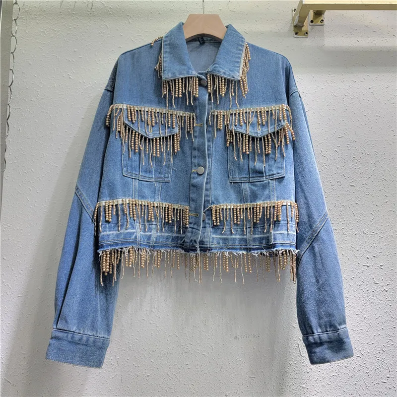 Luxury Pearls Beaded Tassels Denim Coat Diamonds Fringed Jeans Jacket Washed Cowboy Spliced Crystal Cardigan Long Sleeved Tops