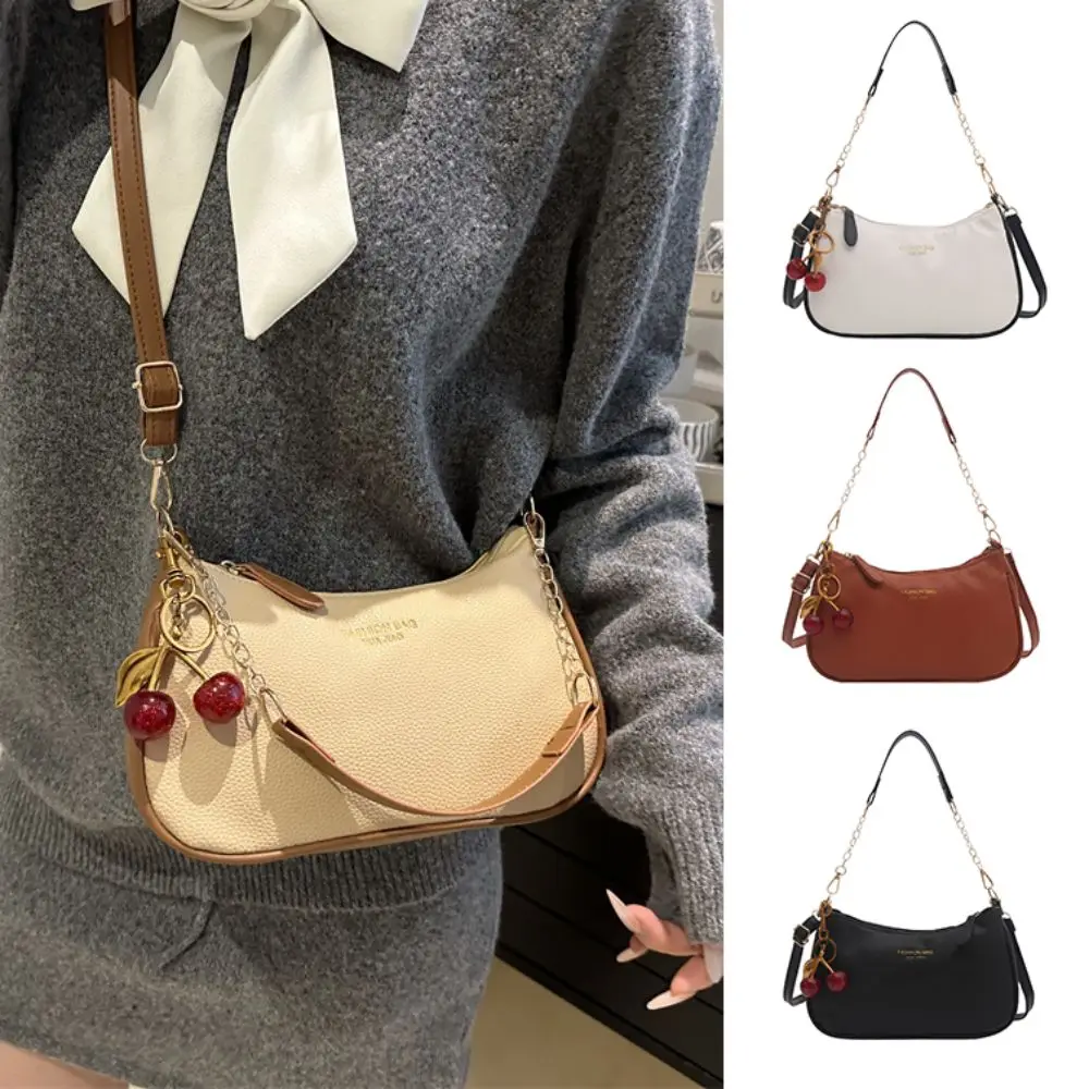 

PU Leather Underarm Bag Zipper Closure Adjustable Strap Crossbody Bag With Cherry Pendant Shoulder Bag For Ladies and Girls
