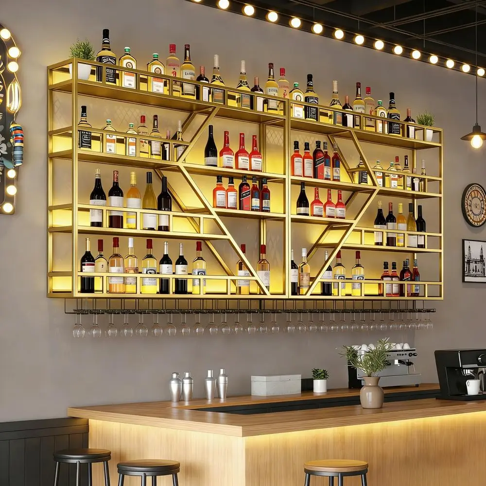 

Wall Mounted Wine Rack, Large Metal Wine Bottle Holder 4 Tier, Modern Fashion Diamond Shaped Floating Bar Unit Wine Storage She