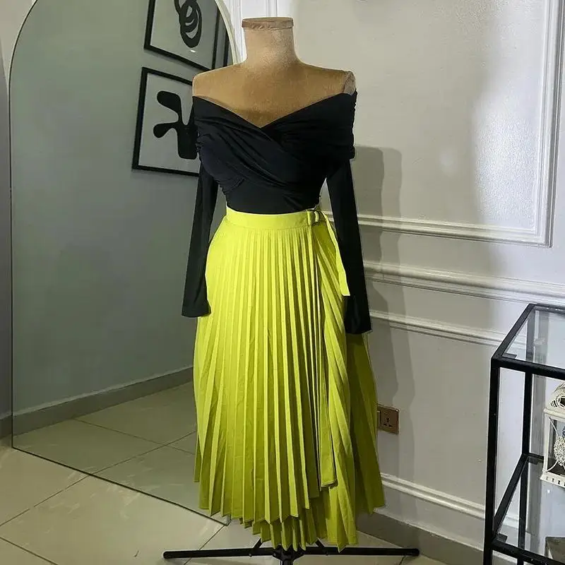 Women Skirts Pleated Irregular Solid High Waist A Line Mid Calf Skirts Elegant Lady Regular Casual Folds Summer Beach 2025
