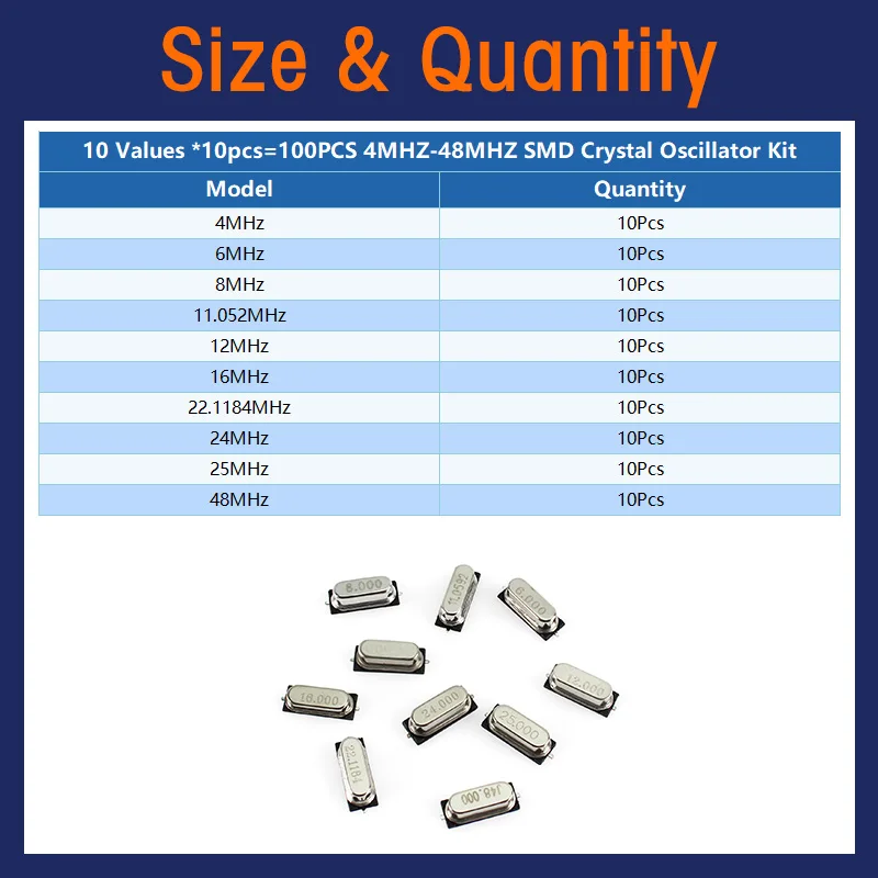 10Values*10pcs=100pcs Quartz Resonator SMD Crystal Oscillator Kit 4MHz 6MHz 8MHz 12MHz 16MHz 24MHz 25MHz 48MHz HC-49S Oscillator