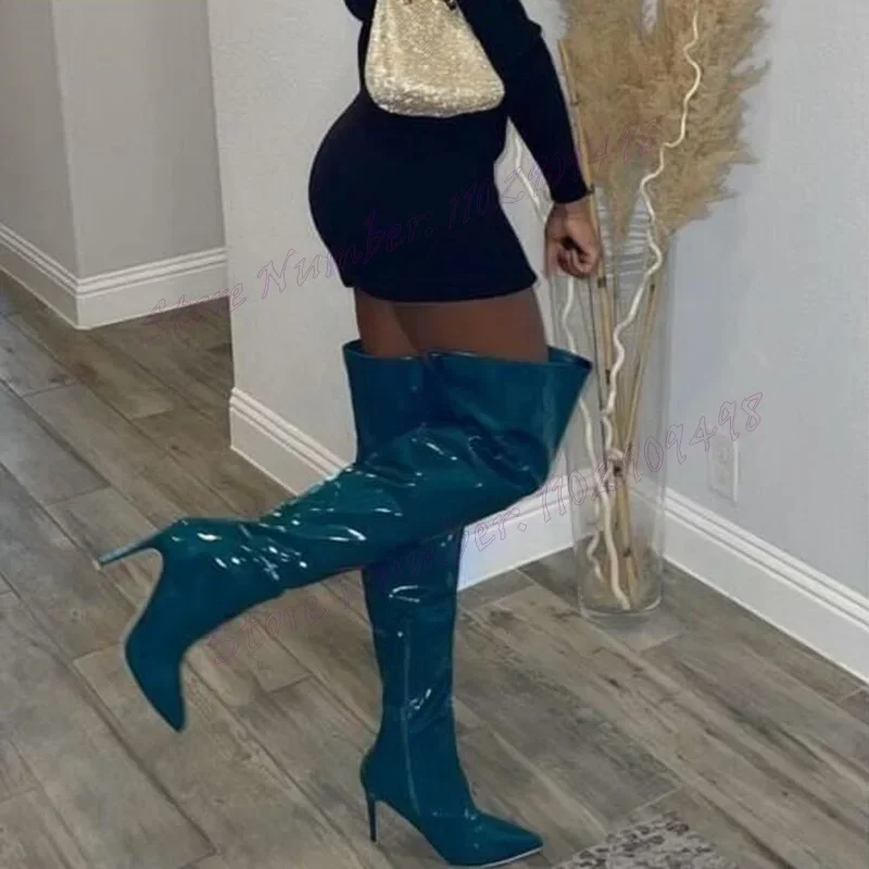 

Blue Patent Leather Knee High Boots Pointed Toe Shoes for Women Stilettos High Heels Sexy Lady Shoes 2024 Zapatos Para Mujere