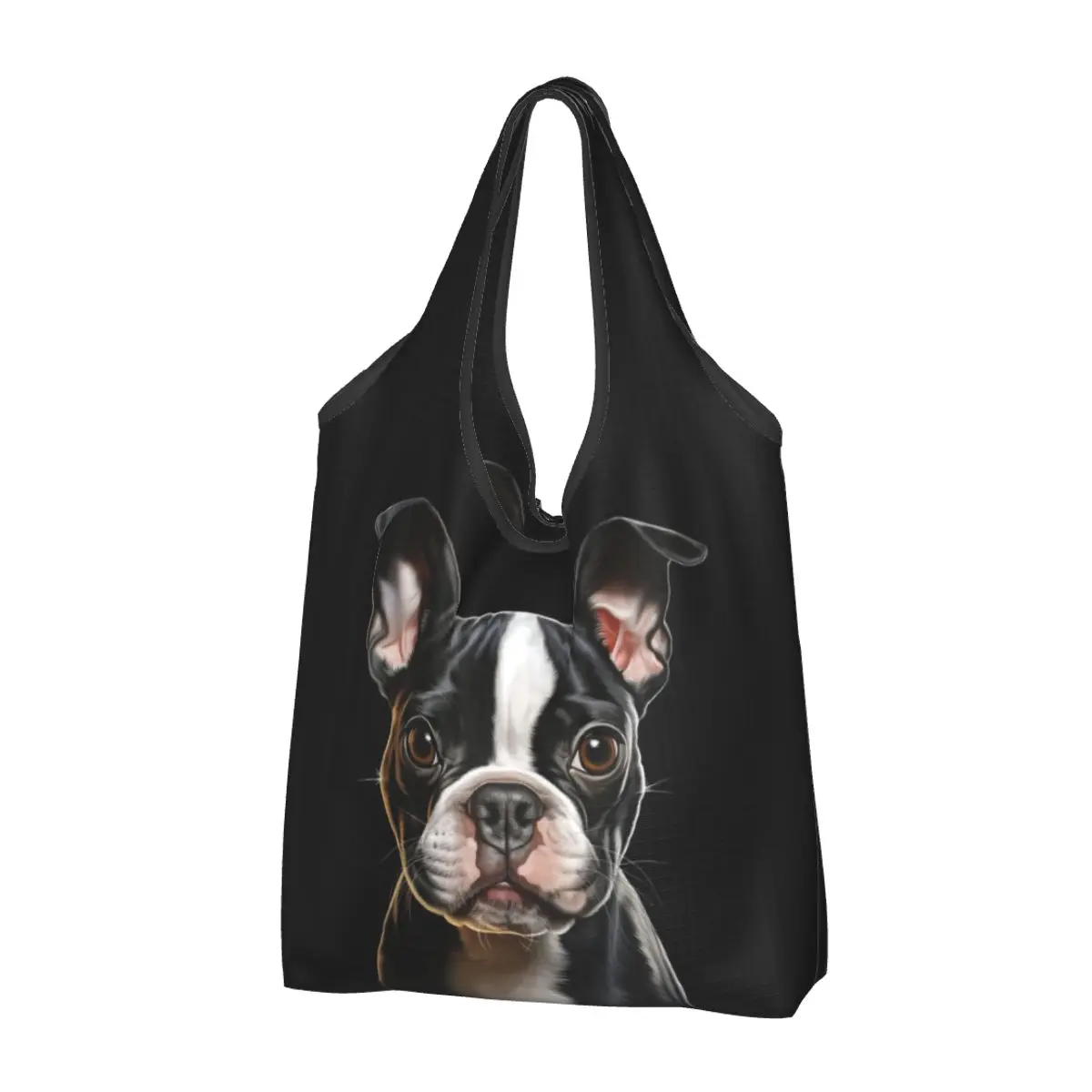 Cute Boston Terrier Lovers Dogs Boston Terrier Portable Tote Shopping Bags Foldable Shopper Bag Groceries Handbag Shoulder Bag