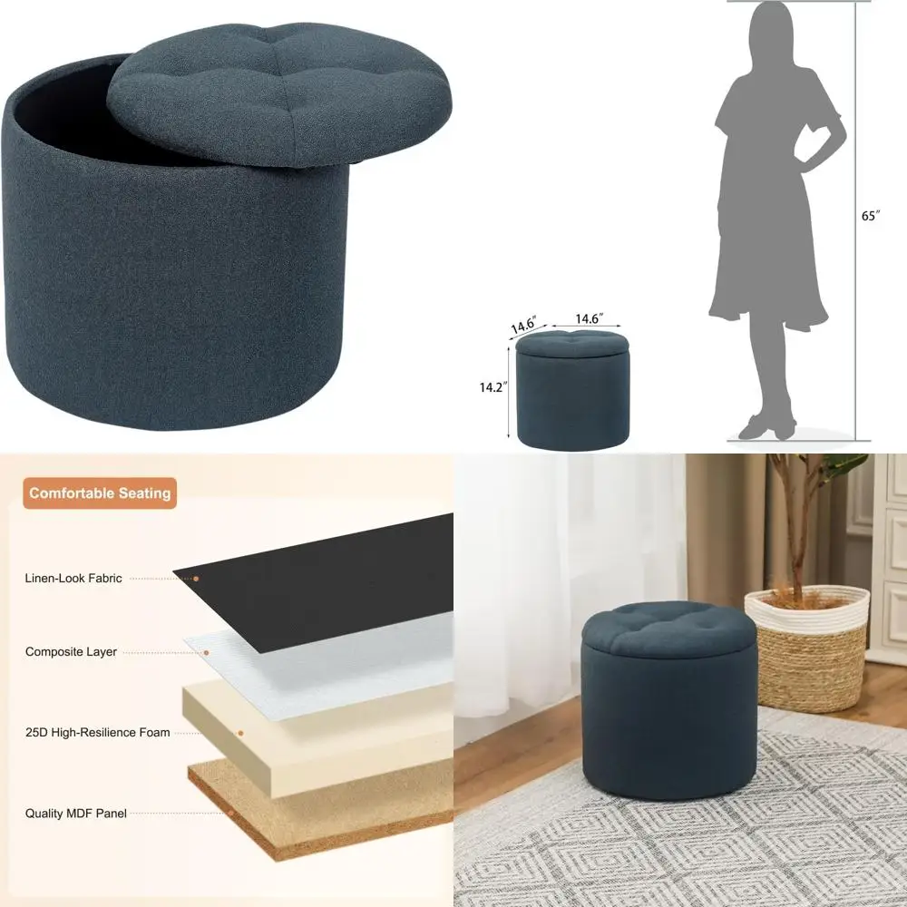 

Round Fabric Storage Ottoman with Removable Lid, Compact Footrest for Dorms, Living Rooms, and Bedrooms