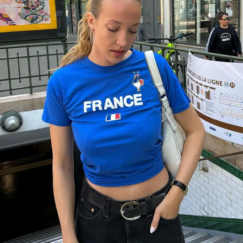 Top corto Y2k azul Francia, ropa de calle para mujer, camiseta gótica para bebé, pantalón corto informal con estampado de letras Vintage, camiseta de manga, ropa estética