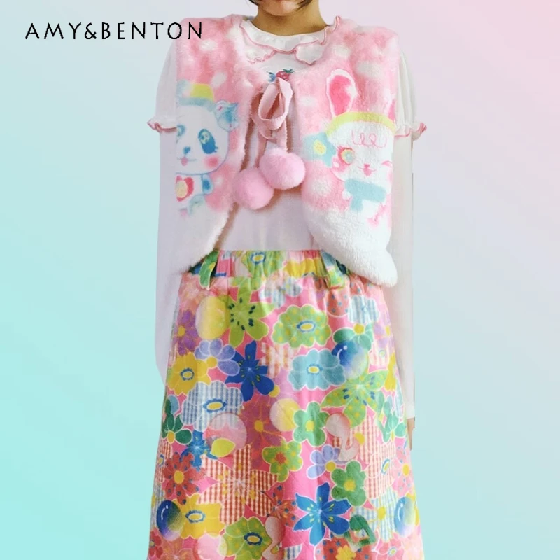 

Оригинальный дизайн, розовый плюшевый женский жилет с животным принтом для девочек на шнуровке, японский осенне-зимний новый милый универсальный теплый жилет для женщин