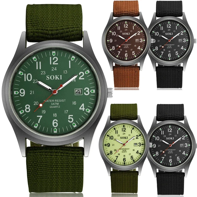 SOKI-Reloj de lona para hombre, pulsera de cuarzo con calendario, estilo militar, informal, a la moda, ideal para regalo