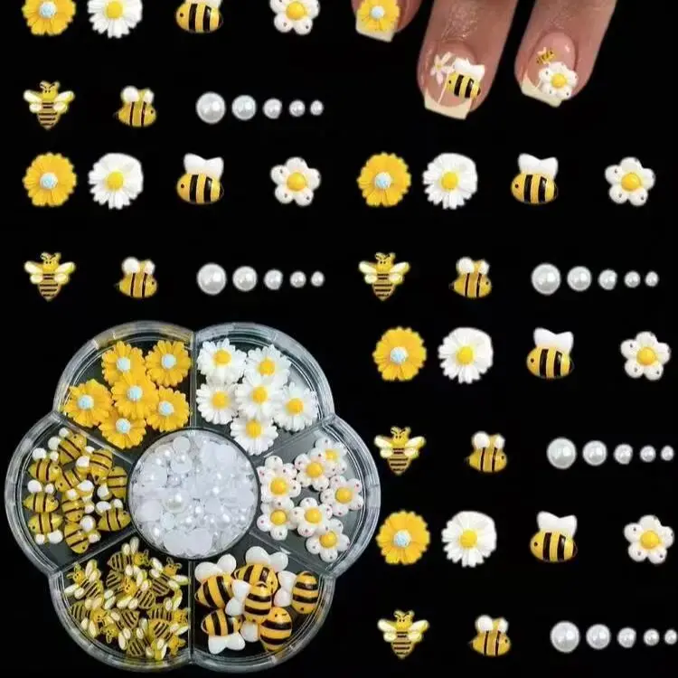 7-Grid Bee & Daisy Nail Charms Set - 3D Resin Flowers, Bees & Pearls, Cute Spring Nail Art Decorations for Manicure DIY view 2