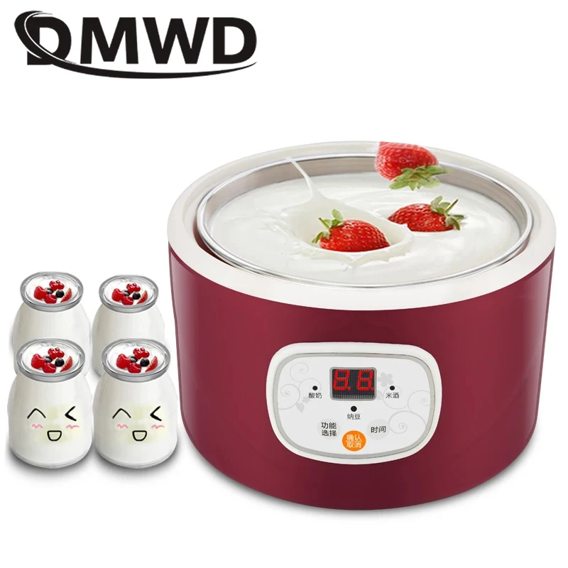 Máquina de yogur eléctrica automática, contenedor de acero inoxidable, fermentador de vino de arroz, mantequilla, leche agria, tazas de yogur, 1L