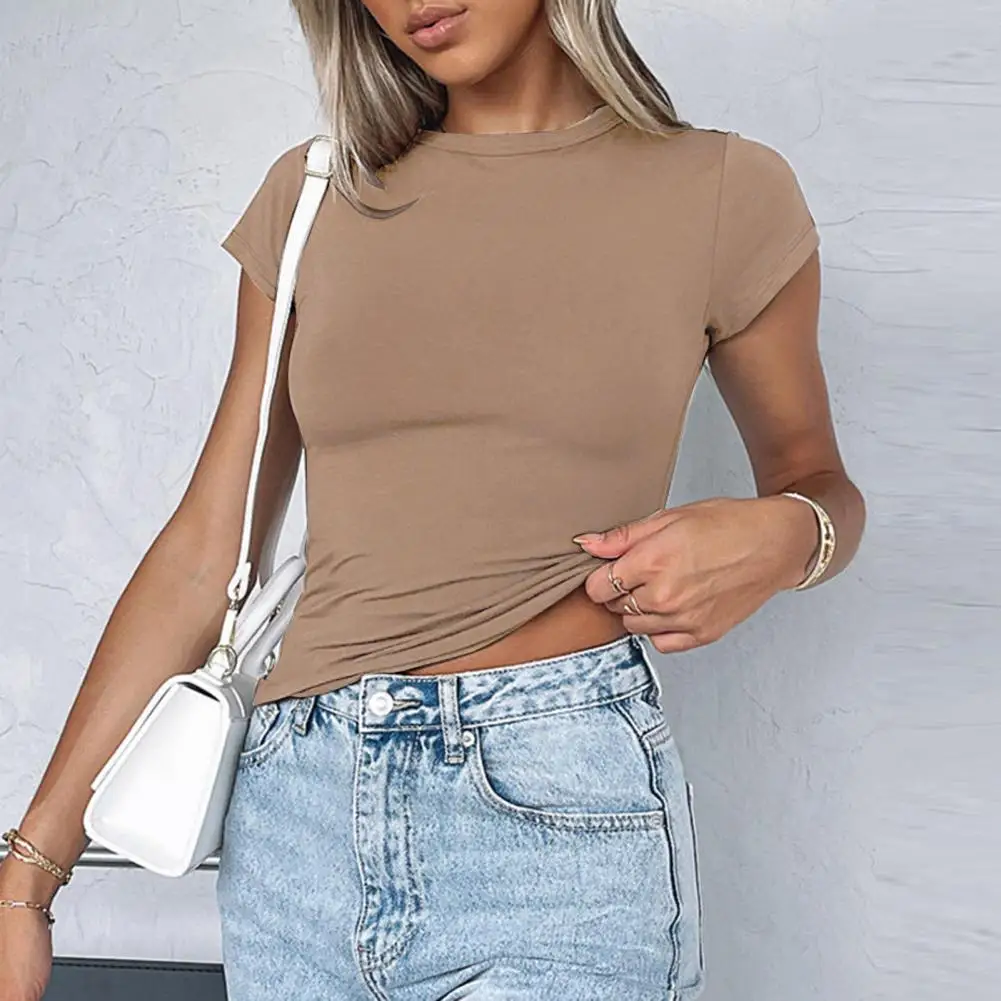 Women Summer Basic T-shirt Round Neck Short Sleeve Pullover Tops Slim Fit Solid Color Elastic Tee Shirt  Streetwear